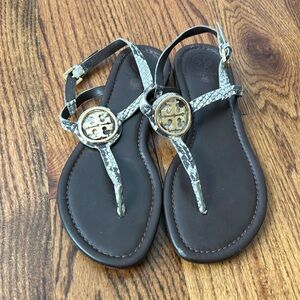 Tory Burch DANI Roccia Snake Embossed Leather Sandal Gold Logo 6.5 US